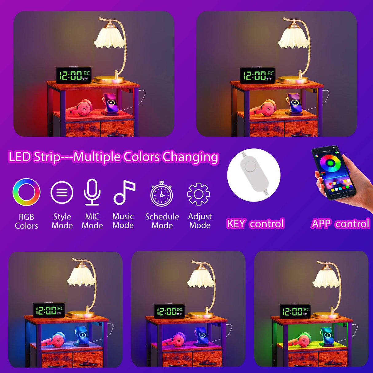 Furnulem Led Nightstand with Charging Station, Bedside Table with 3 Fabric Drawers and Storage Shelf, End Table with USB Ports and Outlets, Small Night Stand for Bedroom, Rustic Brown Furnulem