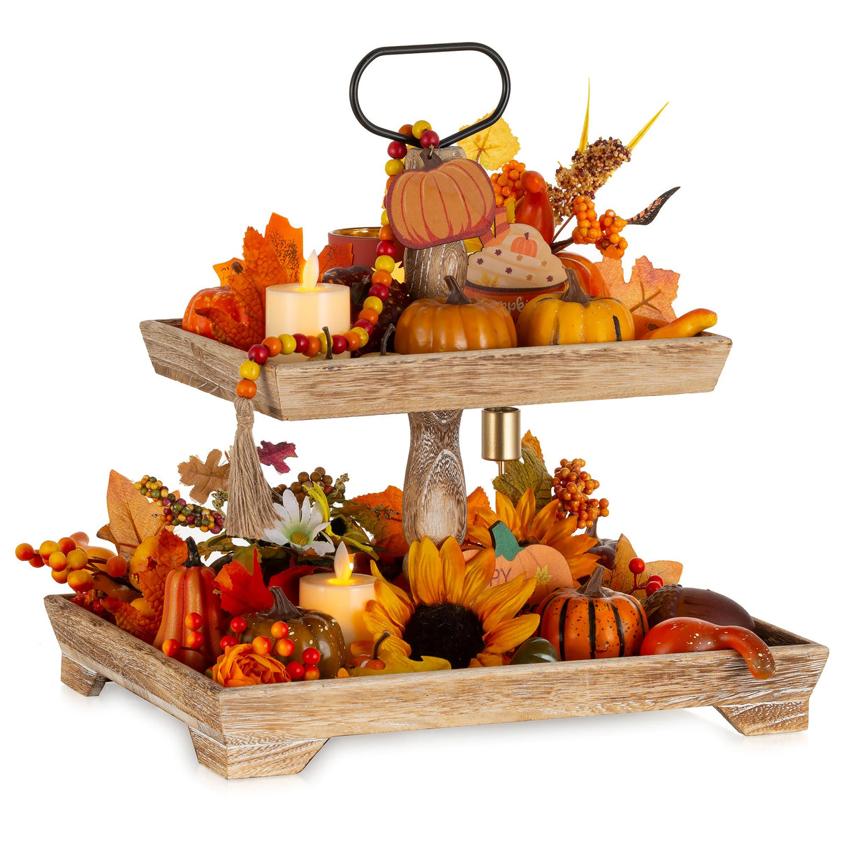 Hanobe Tiered Tray for Table Decor: 2 Tier Serving Stand Farmhouse Decorative Tray for Coffee Bar Centerpiece Rectangle Wood Display Stands Kitchen Counter Hanobe