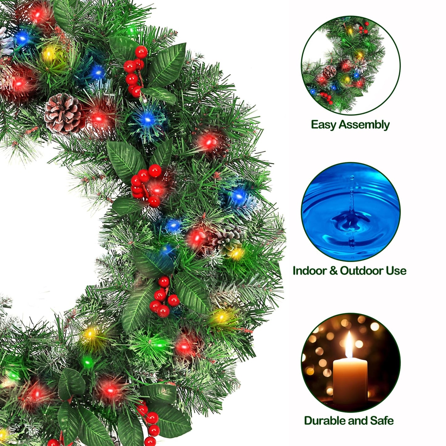 Hykolity 24 in. Pre-Lit Artificial Christmas Wreath with 50 Multicolor LED Lights, 164 Branch Tips, Battery Operated Wintry Pine Wreath with Timer & Hanger, Adorned with Pinecones, Berries for Holiday