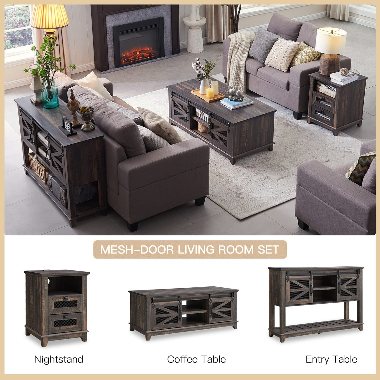 OKD Entryway Table w/Sliding Barn Doors, 46'' Farmhouse & Industrial Console Table with Storage, Sofa Table w/Adjustable Shelf & Open Shelf for Entry Way, Hallway, Living Room, Dark Rustic Oak OKD