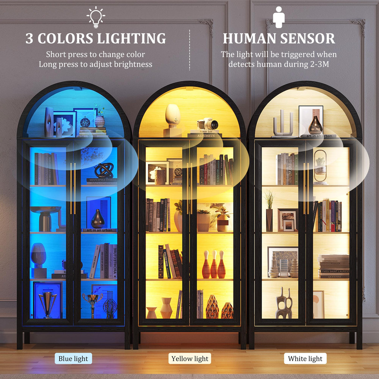 HWB Arched Curio Display Cabinet with Glass Doors, 5-Tier Glass Display Storage Pantry Cabinet with 3 Color LED Lights, Human Sensor, Black HWB