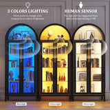 HWB Arched Curio Display Cabinet with Glass Doors, 5-Tier Glass Display Storage Pantry Cabinet with 3 Color LED Lights, Human Sensor, Black HWB