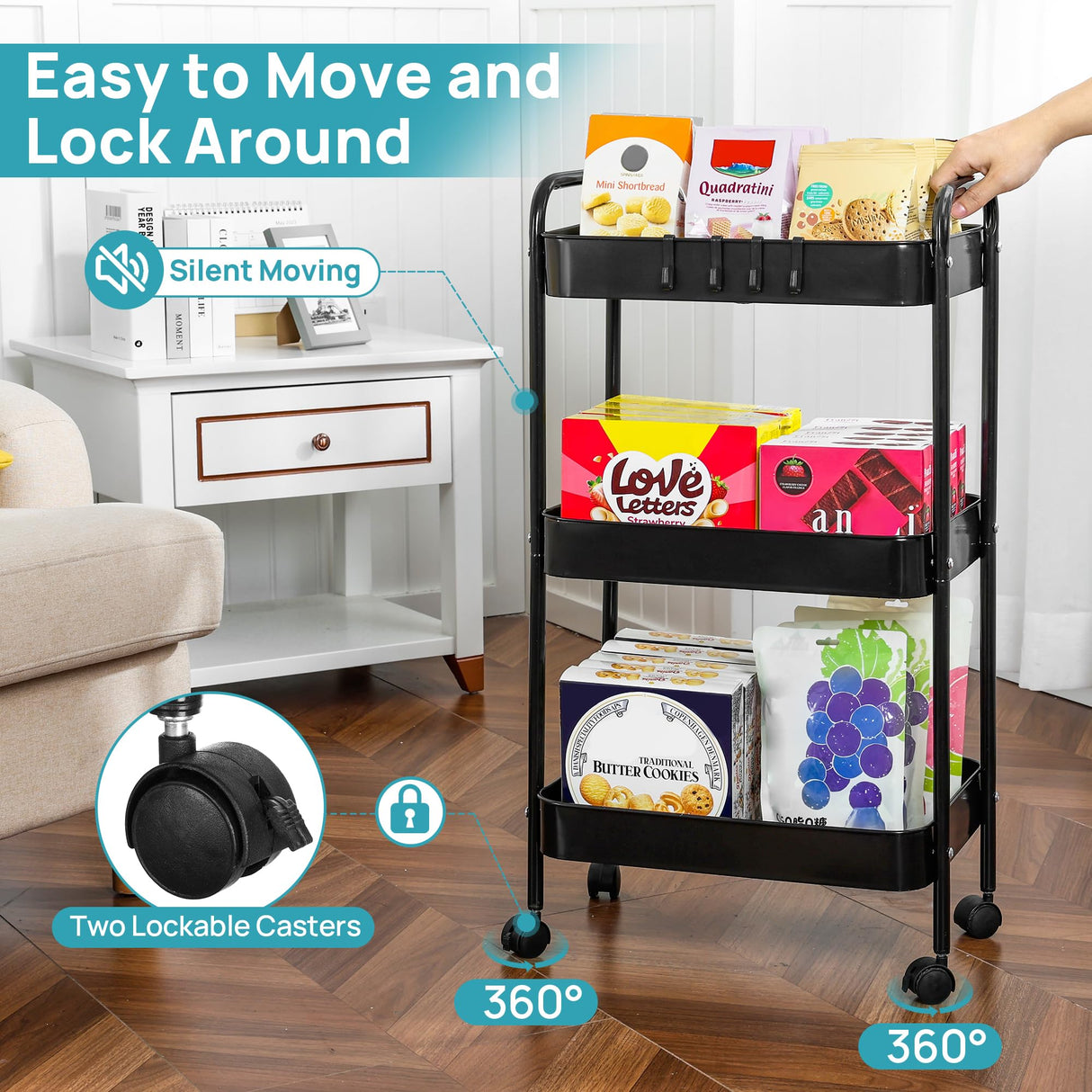 Vtopmart 3 Tier Metal Rolling Cart with Wheels, Utility Storage Cart with Handle and Lockable Casters, Storage Basket Organizer Shelves, Easy Assemble for Kitchen, Living Room, Office, Nursery, Black Vtopmart