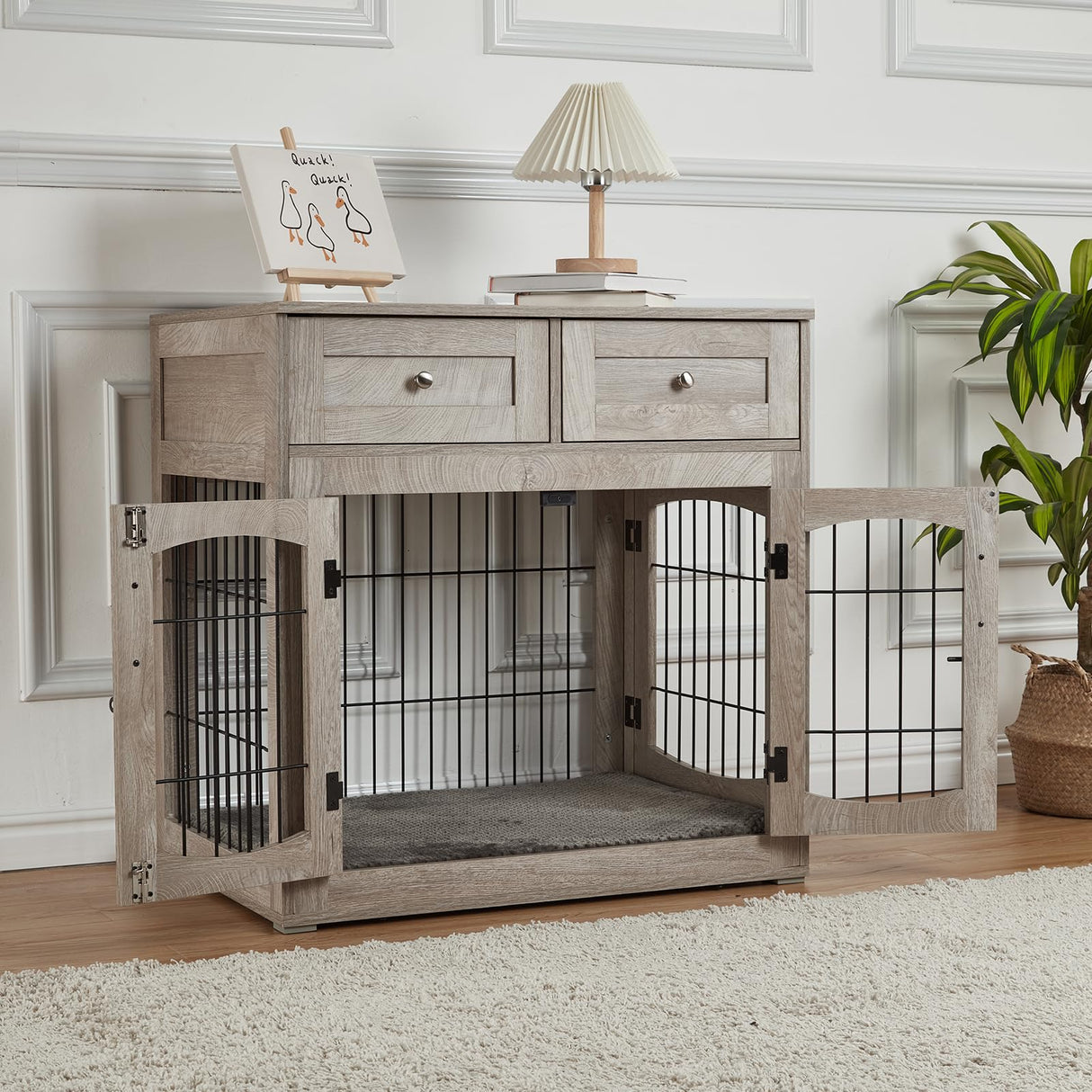 Dog Crate Furniture with Double Drawers, Wooden End Table Dog Kennel, Furniture Style Wood House Crate for Small/Medium/Large Dogs, Decorative Dog Crate with Storage for Large Breed, 32 Inch,Gray IDEALHOUSE
