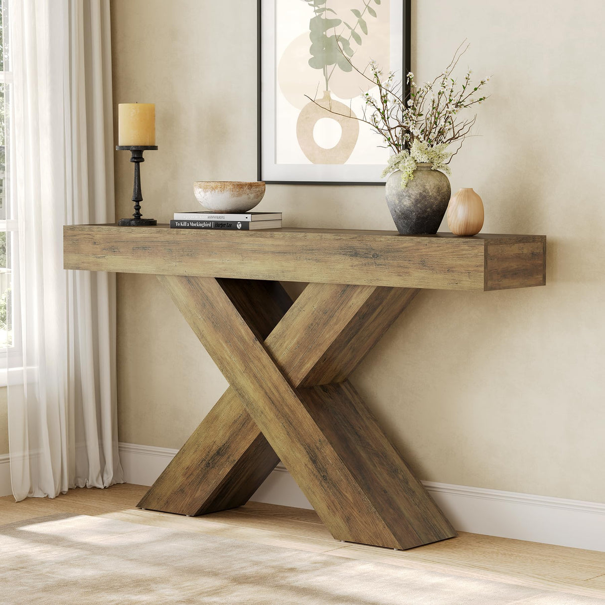LITTLE TREE Narrow Console Table, 55-Inch Farmhouse Entryway Table, X-Shaped Couch Table Behind Sofa for Living Room, Entryway, Entrance, Foyer, Hallway, Rustic Brown LITTLE TREE