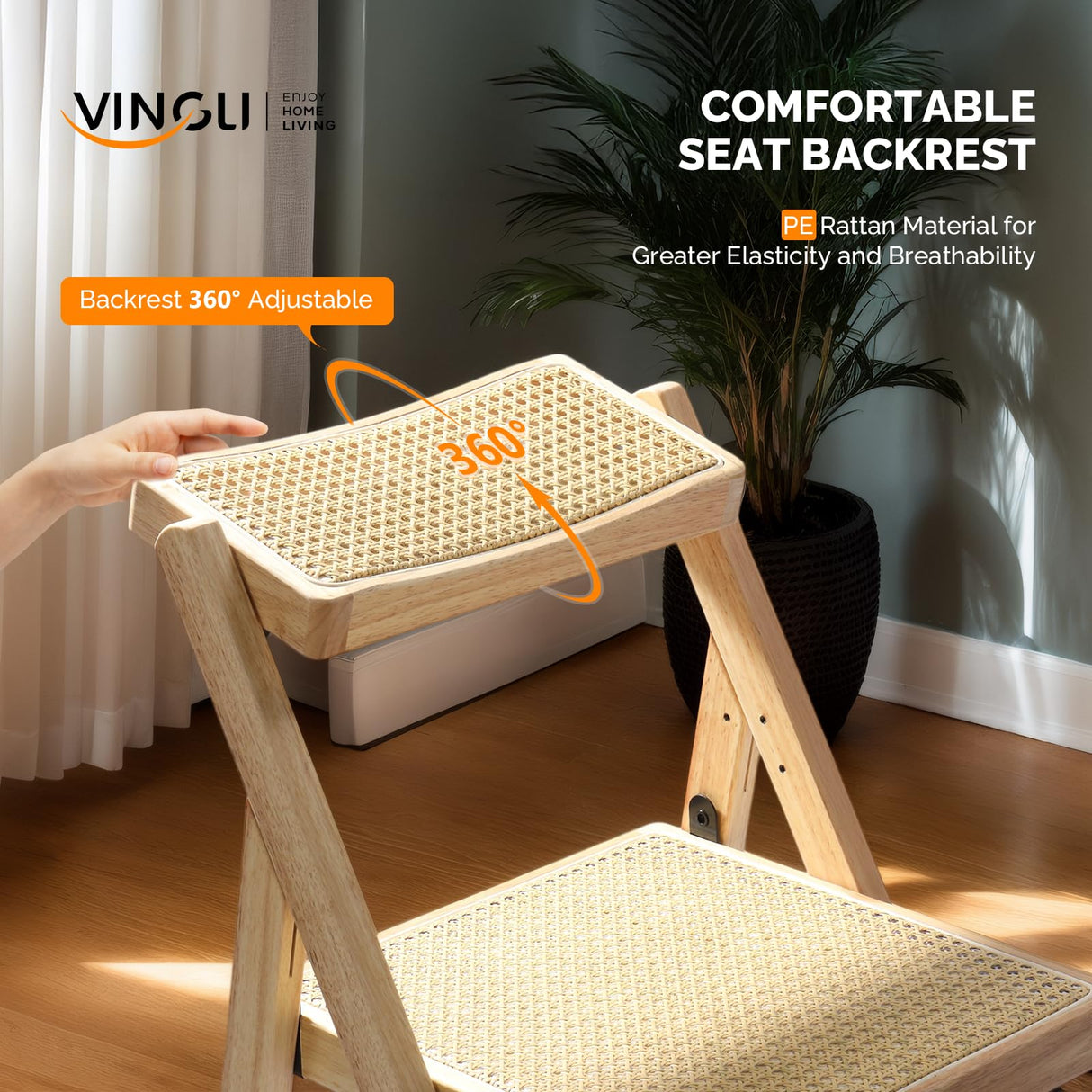 VINGLI Rattan Dining Chair, Wood Folding Chair with 360° Swivel Backrest, Rubberwood Frame and Rattan Woven Seat and Back, Natural Color, Set of 2 VINGLI