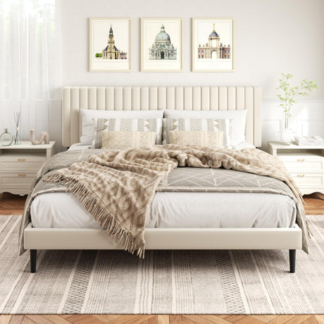 HAOARA King Size Bed Frame,King Size Platform Bed Frame and Velvet Upholstered Headboard with Strong Wood Slats, Box Spring Optional, Mattress Foundation, Easy Assembly Beige HAOARA