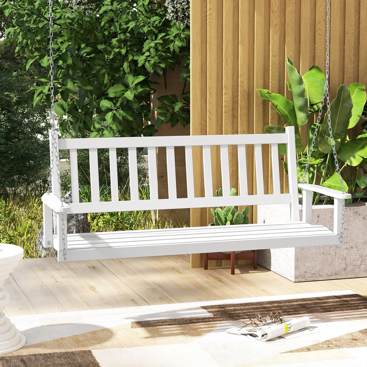 Tangkula 3 Person Wooden Porch Swing, Hanging Patio Swing with 2 Adjustable Galvanized Metal Chains, Slatted Back & Seat, Outdoor Swing Bench for Backyard Deck Garden, 5FT Tangkula