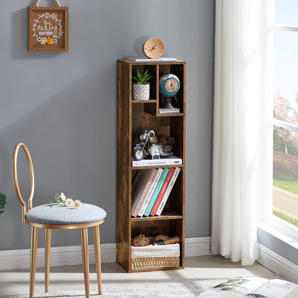 VECELO 4-Tier Bookcase, Modern Storage Cabinet with Height Difference Shelves for Standard Textbooks, 5 Cubes, Vertical or Horizontal, Easy Assembly, Rustic Brown VECELO