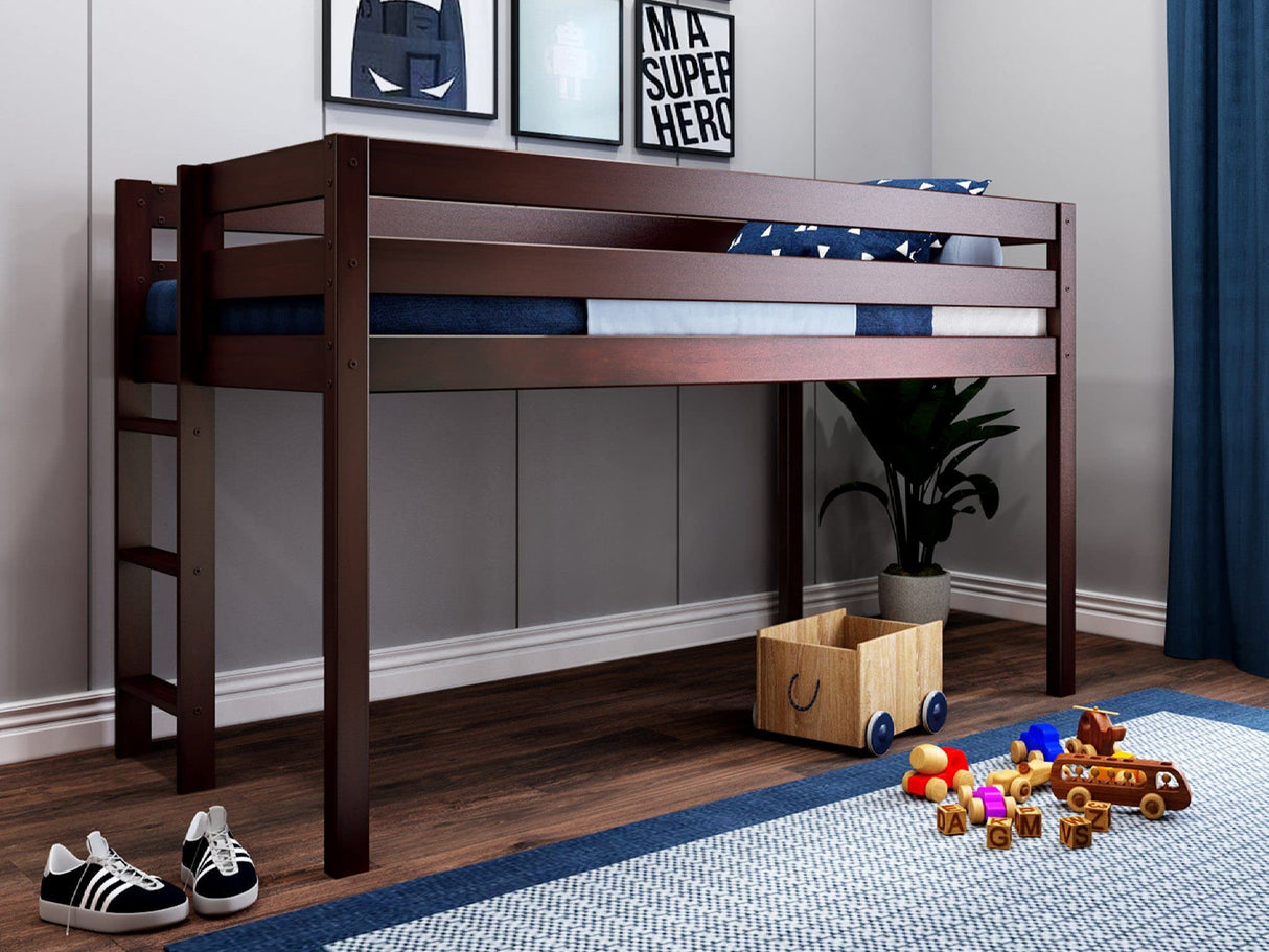JACKPOT! Contemporary Low Loft Twin Bed with End Ladder, Cherry with Blue & White Tent JACKPOT!