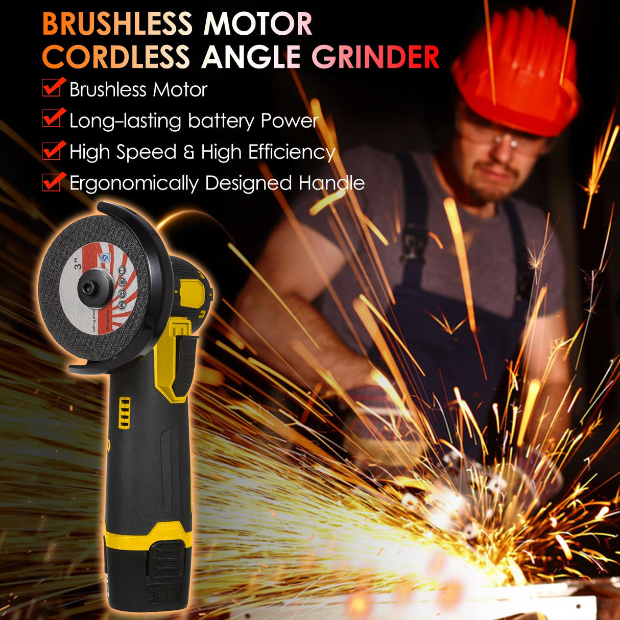 Aumotop Cordless Brushless Angle Grinder Kit, Grinding Disc 3in/76mm, 19500rpm Mini Lightweight Electric Grinding Tool Handheld Cutter with 2 PCS 12V1500mAh Batteries & 6PCS Cutting Discs Aumotop