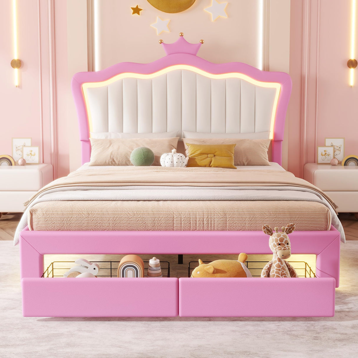 Crown Full Size Princess Bed with Storage Drawers for Girls,Cute Full Size Bed Frame for Kids,Full Upholstered Bed Frame with LED Lights,Girls Bed Full Size,Pink Bellemave