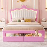 Crown Full Size Princess Bed with Storage Drawers for Girls,Cute Full Size Bed Frame for Kids,Full Upholstered Bed Frame with LED Lights,Girls Bed Full Size,Pink Bellemave