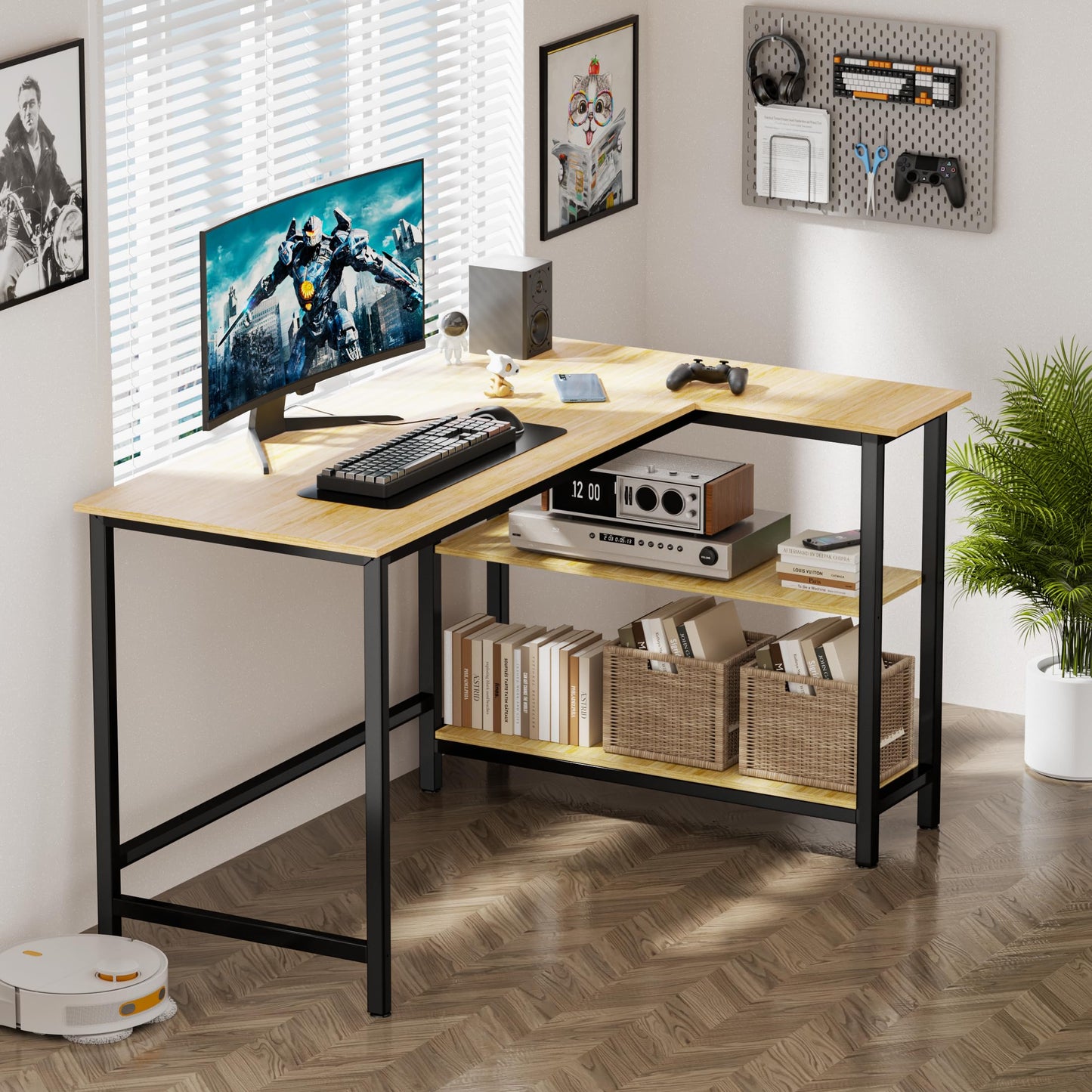 WOODYNLUX L Shaped Desk - 43 Inch Gaming Desk, Computer Corner Desk, Home Office Writing Desk with Shelf, Space-Saving Workstation Table, Modern Simple Wooden Desk, Beech - WoodArtSupply