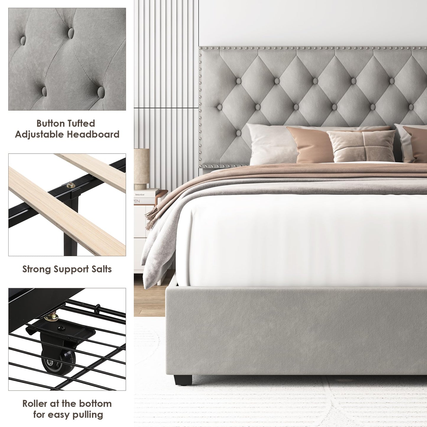 HOSTACK Modern Upholstered Full Size Bed Frame with 4 Storage Drawers and Adjustable Headboard in Grey - WoodArtSupply