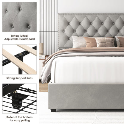 HOSTACK Modern Upholstered Full Size Bed Frame with 4 Storage Drawers and Adjustable Headboard in Grey - WoodArtSupply