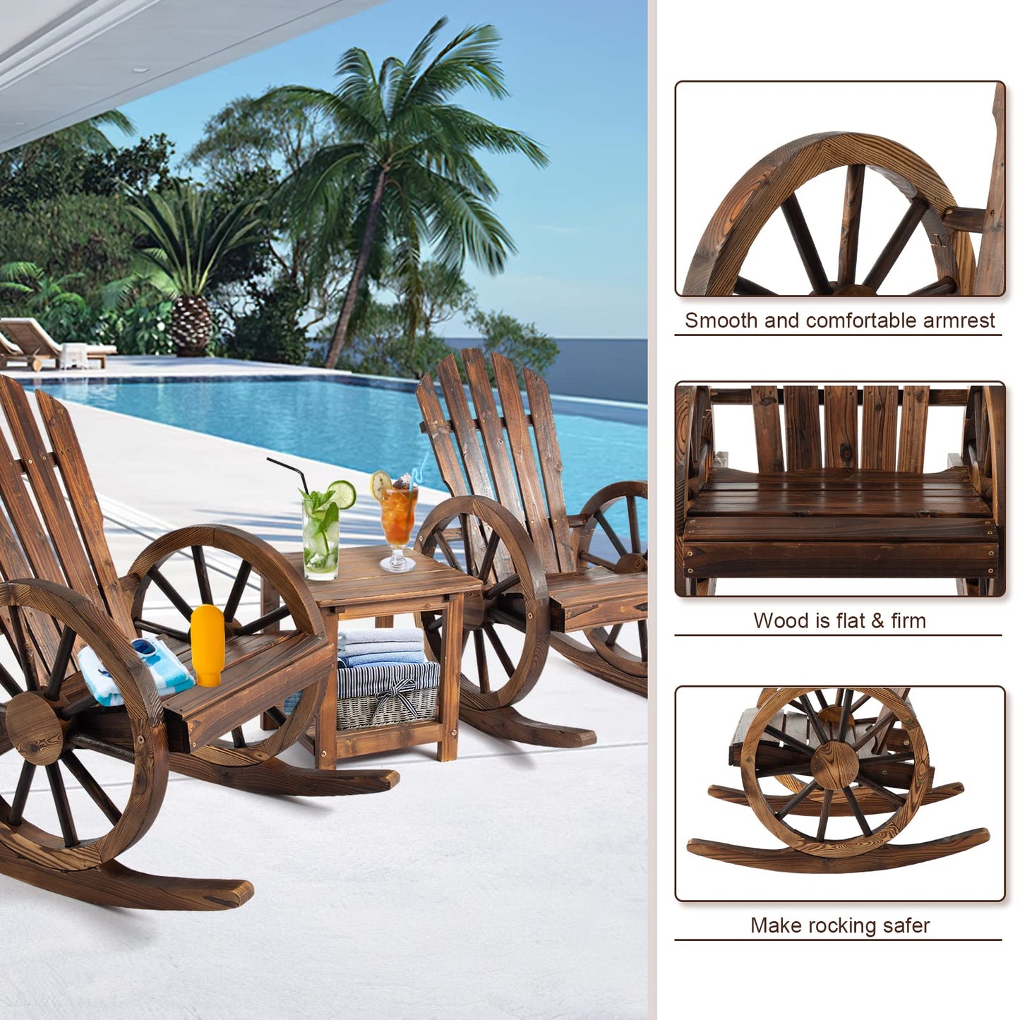 FURNDOOR 3 PCs Patio Rocking Chair Set, Outdoor Wooden Rocker Bistro Set with Coffee Table Wagon Wheel Rustic Chairs for Garden Country Yard - WoodArtSupply