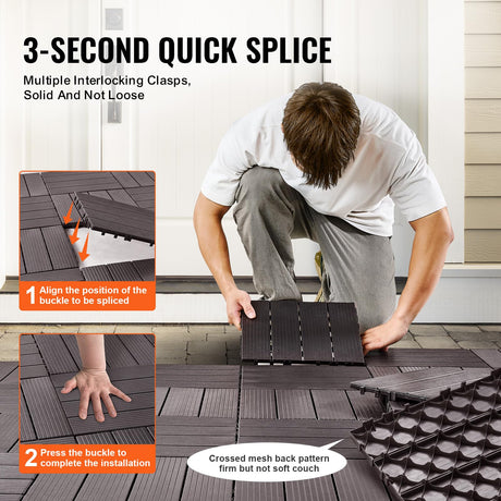 VEVOR Interlocking Deck Tiles, 54 Pack,12"x12" 54 sq. ft Plastic Waterproof Outdoor Flooring All Weather Use, Patio Floor Decking Covering Tiles for Porch Poolside Balcony Backyard, Dark Brown VEVOR