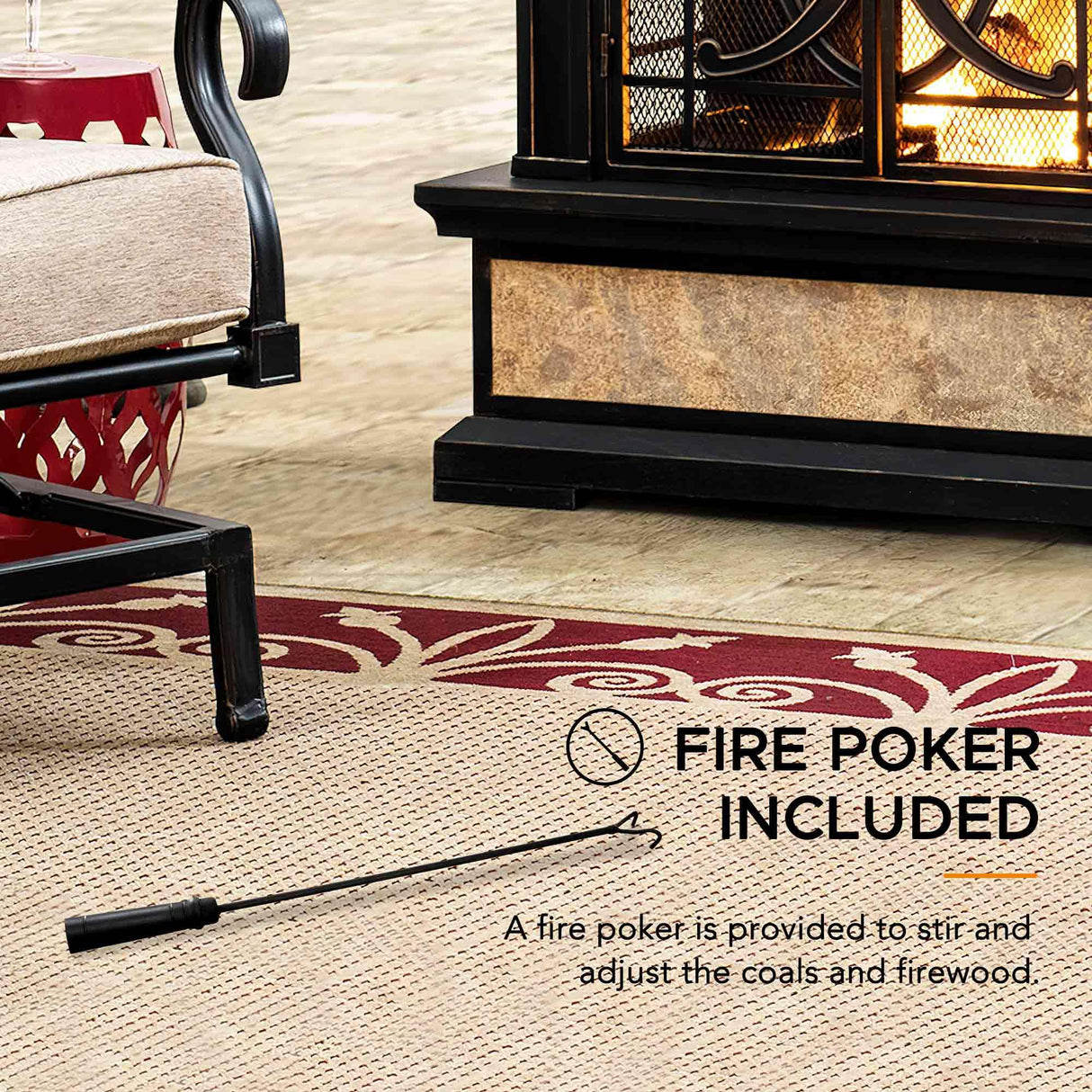 Sunjoy Outdoor Fireplace, Smith Collection Patio Wood Burning Steel Fireplace with Chimney, Spark Screen, Fire Poker, and Removable Grate, Copper with Yellow Tile Sunjoy