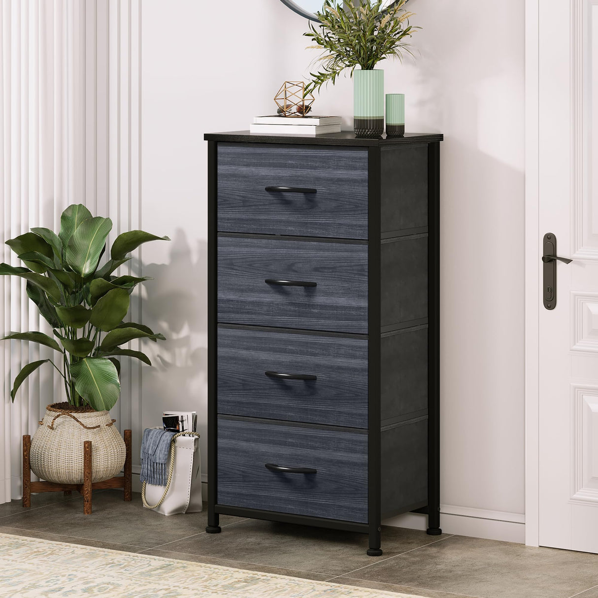 DWVO 4 Drawers Dresser, Dresser for Bedroom, Fabric Storage Tower, Chest of Drawers, Organizer Unit for Closets, Living Room, Sturdy Steel Frame, Wooden Top, Easy Pull Fabric Bins DWVO