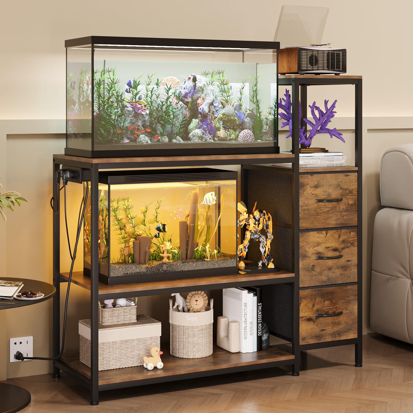 Welfuturer 20 Gallon Aquarium Stand with Power Outlets Rustic Fish Tank Stand with 3 Drawers Metal Frame Heavy Duty Reptile Tank Stand with 3-Tier Storage Shelves for Home Office, Brown