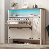 BEWISHOME Shoe Cabinet with 2 Flip Drawers & Adjustable Side Cabinet，Freestanding Shoe Storage Cabinet with Lights, Narrow Entryway Storage for Hallway Living Room Farmhouse,White, KXG03W BEWISHOME