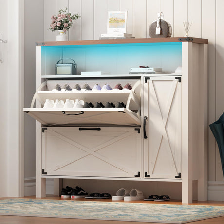 BEWISHOME Shoe Cabinet with 2 Flip Drawers & Adjustable Side Cabinet，Freestanding Shoe Storage Cabinet with Lights, Narrow Entryway Storage for Hallway Living Room Farmhouse,White, KXG03W BEWISHOME