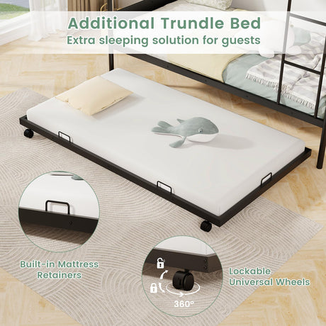 KOMFOTT Metal Twin Over Twin Bunk Bed with Trundle, Industrial Bunk Bed Frame with Ladder, Full-Length Guardrail, Vintage Headboard & Footboard, Noise Free, No Box Spring Needed Bunk Bed KOMFOTT