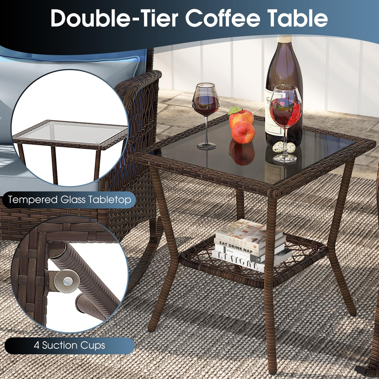 Tangkula 3 Piece Patio Rocker Set, Patiojoy Outdoor Wicker Rocking Chairs w/Double-Layer Coffee Table, Rattan Rocker Chair Set w/Seat Back Cushions & Pillows, for Porch, Backyard, Poolside (Grey) Tangkula