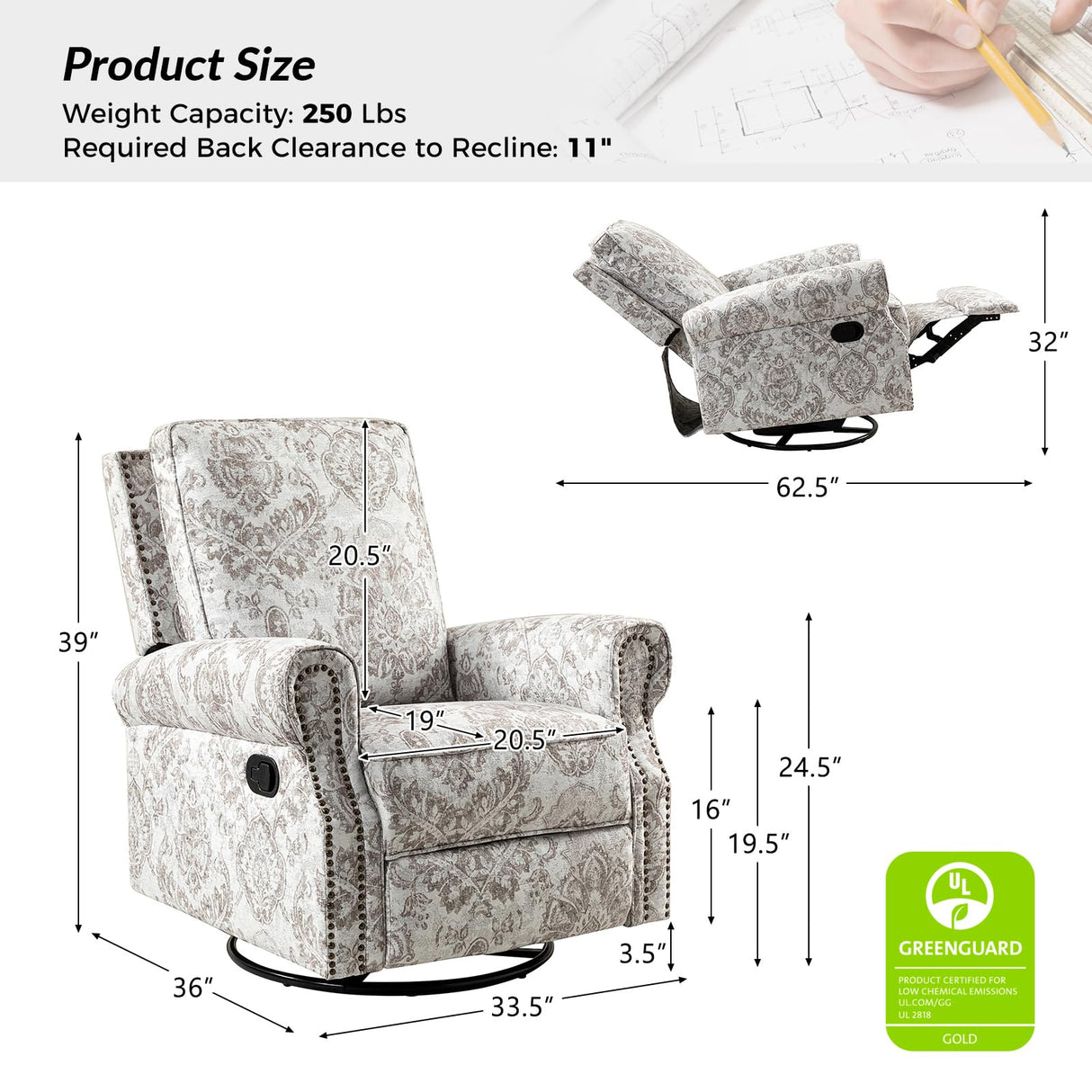 HULALA Home Swivel Rocker Recliner Set of 2, Modern Printed Fabric Swivel Recliner Chair for Adults Glider with Adjustable Backrest & Footrest, Beige HULALA HOME