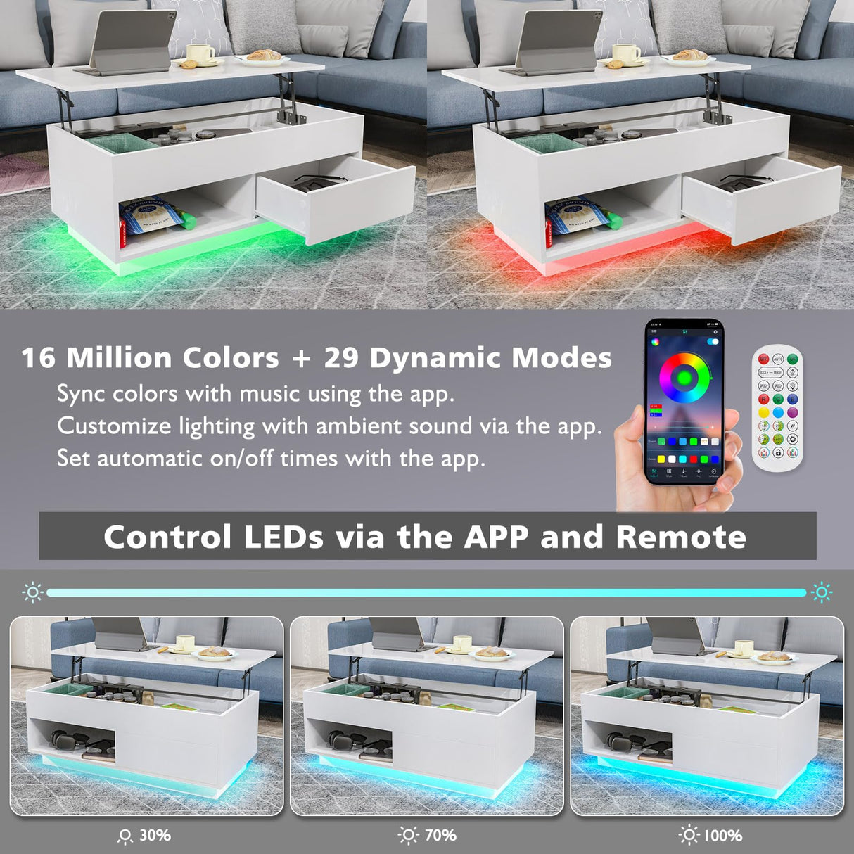 HOMMPA Lift Top Coffee Table with Storage LED Coffee Table Morden High Gloss Living Room 3 Tiers Modern Tea Table with Storage Center Tables Hidden Compartment & Open Shelve & Drawer White HOMMPA