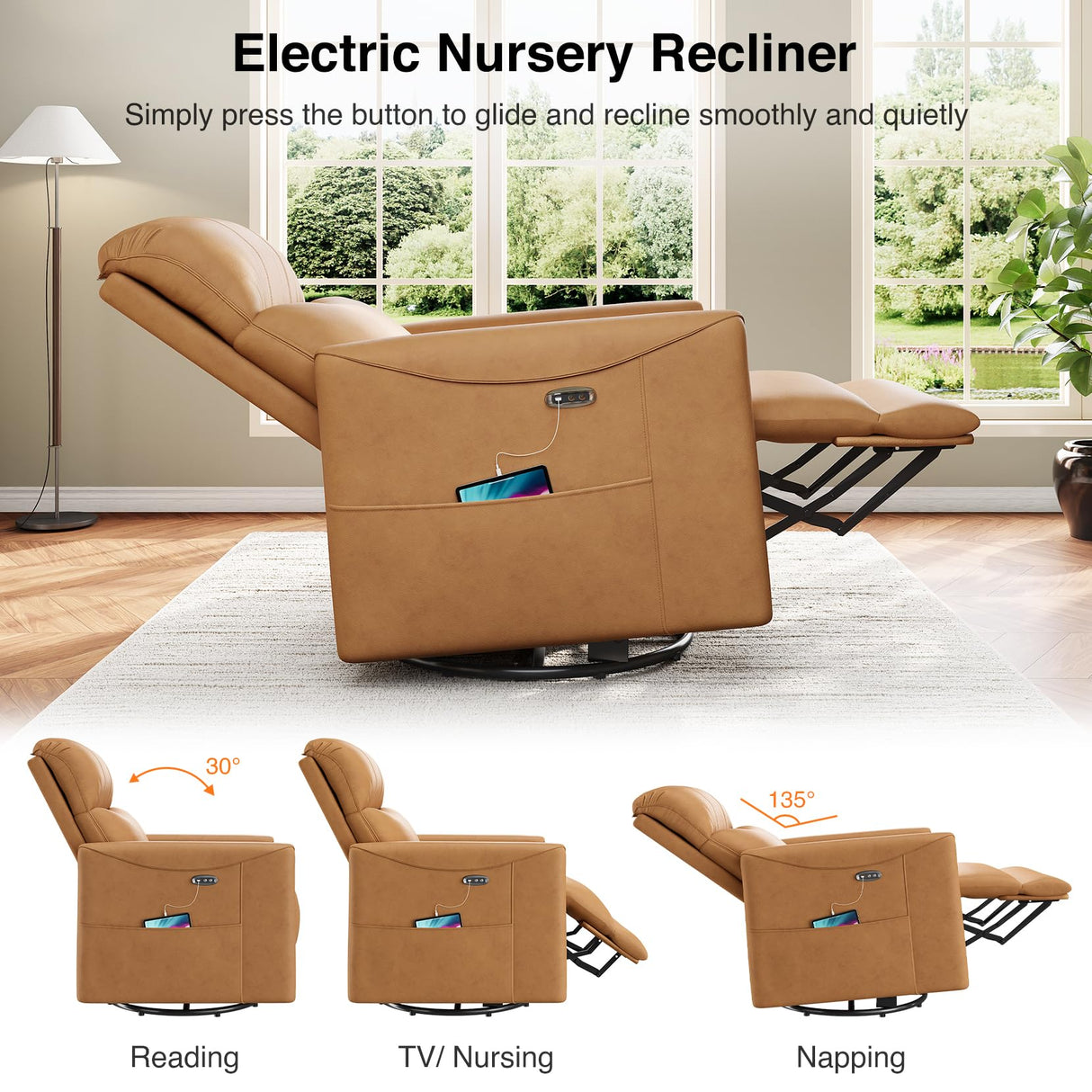 Welzona Power Swivel Rocker Recliner, 360° Swivel Nursery Rocking Chair, PU Leather Glider Rocking Recliner, Infinite Position Electric Chair for Adults with USB Port for Living Room, Amber Yellow Welzona