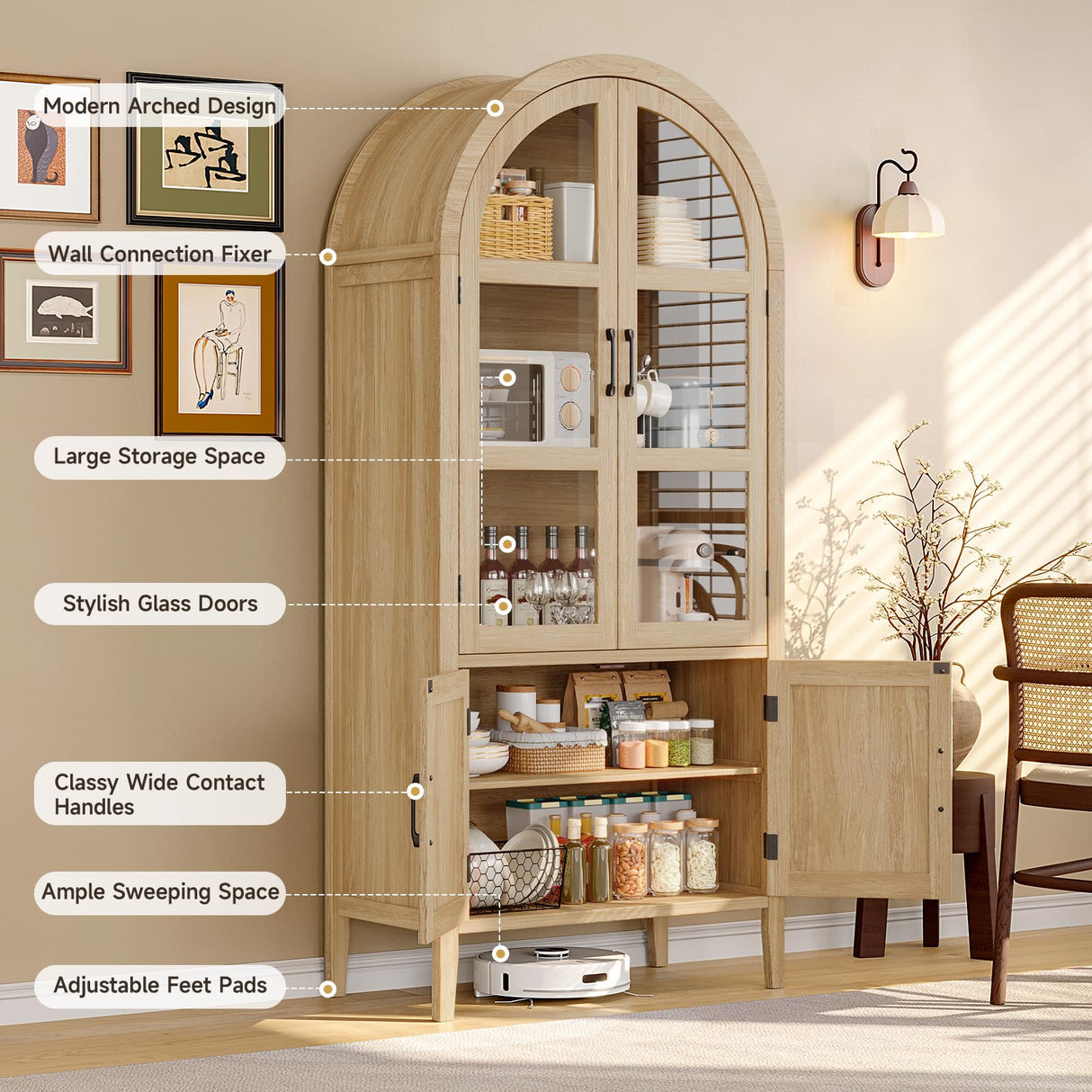 ONBRILL 71" Tall Arched Cabinet, 5-Tier Arched Kitchen Pantry with Glass Doors & Shelves, Modern Display Storage Cabinets with Adjustable Feet, Wooden Pantry Cabinet for Living Room, Dining Room ONBRILL