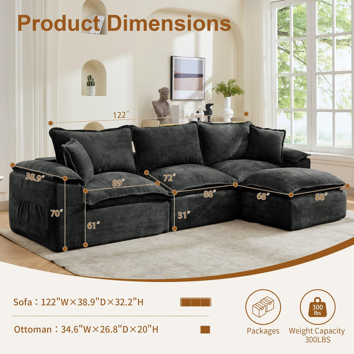 Korser 122" Sectional Couches for Living Room, Modular Boneless Couch with Deep Seat & Fluffy Cushion, Cozy Double-Layer Cushioned Sofa with Convertible Ottoman, Comfy Cloud Sofa, No Assembly Required Korser