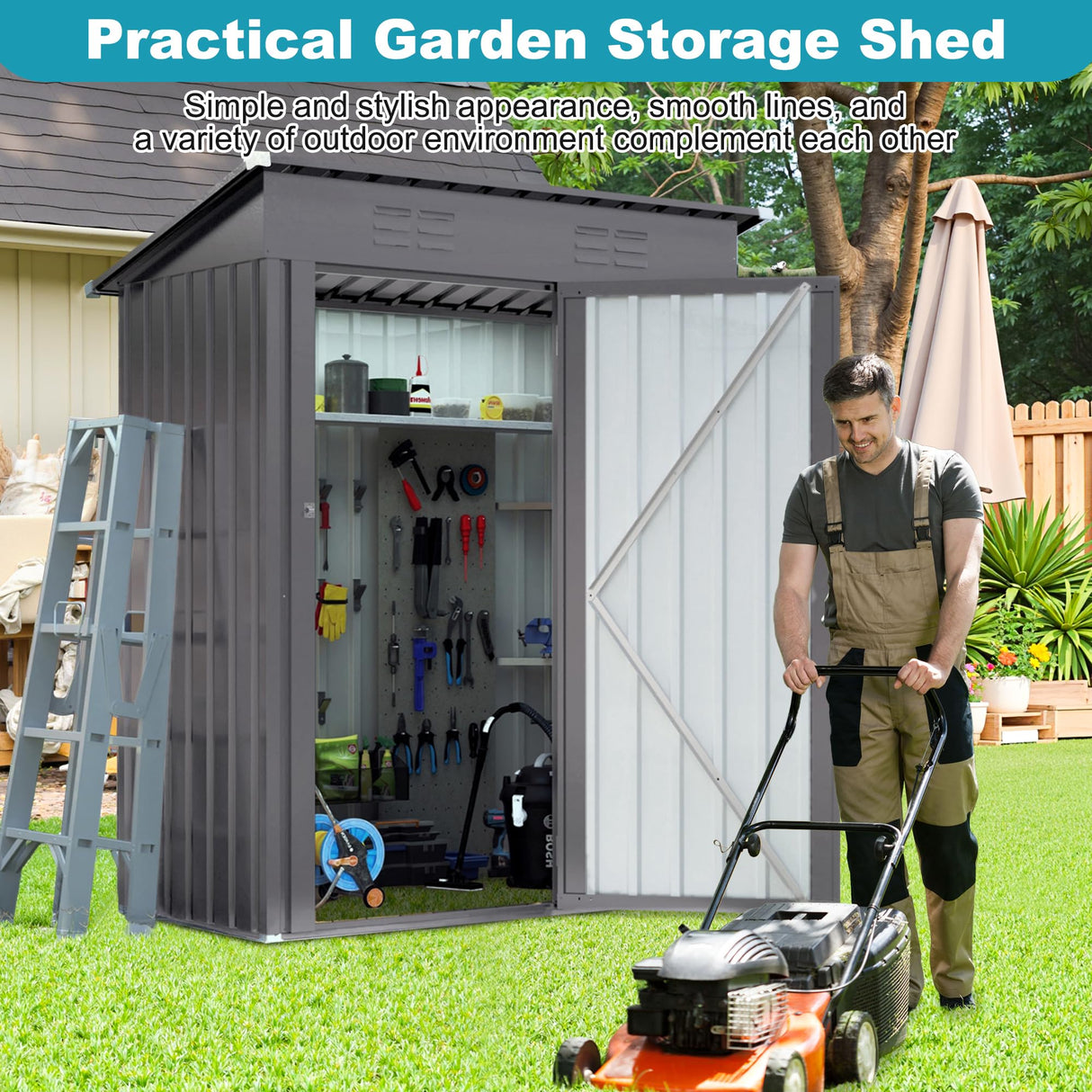 Lyngins 5X3 FT Outdoor Metal Storage Shed, Tool Shed with Pitched Roof and Lockable Door, Compact Garden Shed for Backyard Garden Patio Lawn, Gray Lyngins