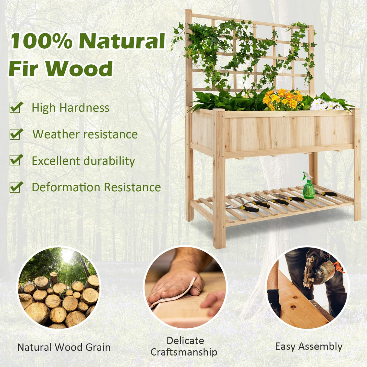 Giantex Wood Planter with Trellis, Standing Raised Garden Bed, Liner Storage Shelf, Elevated Plant Box Stand for Climbing Flower Vegetable Herb, Indoor Outdoor Patio Lawn Balcony Giantex