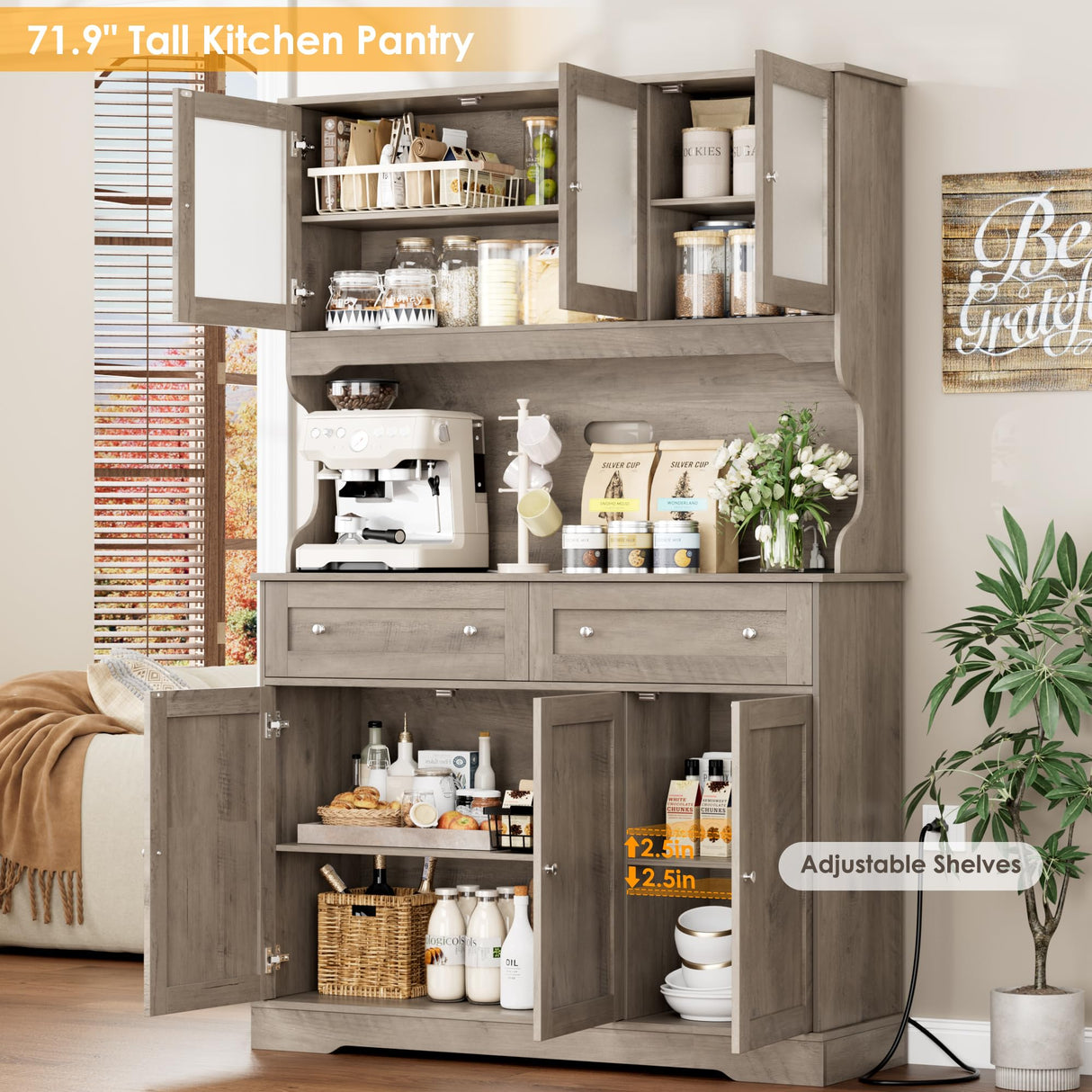 FACBOTALL 71.9" Kitchen Pantry Cabinet, Tall Storage Cabinet, Kitchen Cabinets with Countertop and Outlets, Farmhouse Kitchen Pantry Storage Cabinet with Doors and Shelves for Kitchen, Wash Gray FACBOTALL