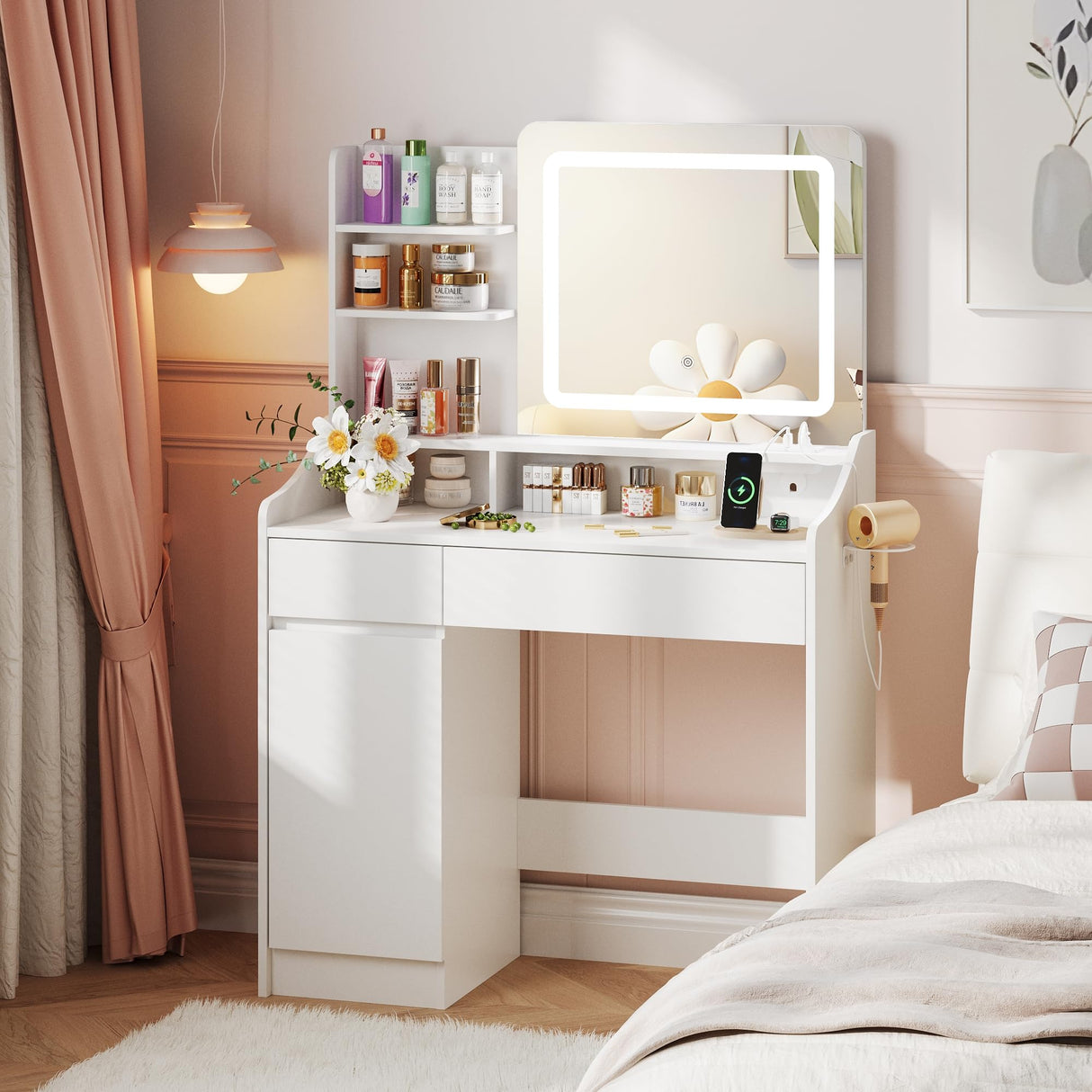 Vabches Makeup Vanity Desk with Mirror and Lights, White Vanity Table with Lighted Mirror & Power Outlet, Makeup Desk with 2 Drawers and Cabinet, for Bedroom Vabches