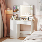 Vabches Makeup Vanity Desk with Mirror and Lights, White Vanity Table with Lighted Mirror & Power Outlet, Makeup Desk with 2 Drawers and Cabinet, for Bedroom Vabches