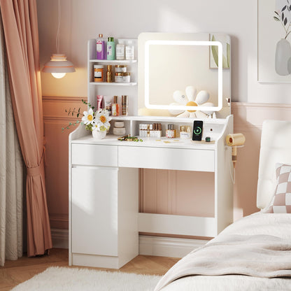 Vabches Makeup Vanity Desk with Mirror and Lights, White Vanity Table with Lighted Mirror & Power Outlet, Makeup Desk with 2 Drawers and Cabinet, for Bedroom