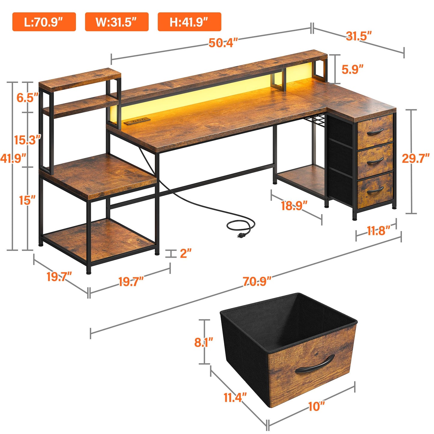 EnHomee 70.9" L Shaped Gaming Desk with Drawers Reversible L Shaped Computer Desk with Power Outlet & LED Lights Home Office Desk with Storage Shelves and Monitor Stand Corner Desk, Rustic Brown