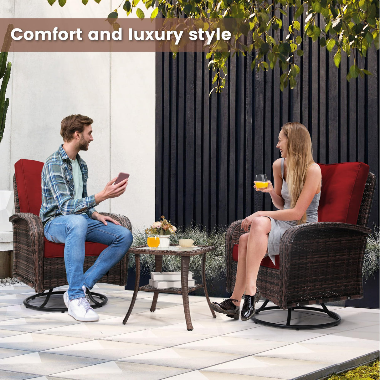 wildformers 2 Luxury Outdoor Swivel Wicker Glider Patio Chairs with Table Set, Overstuffed Washable Cushions, Ideal for Porch, Balcony, Deck, Brown Rattan and Red Cushions wildformers