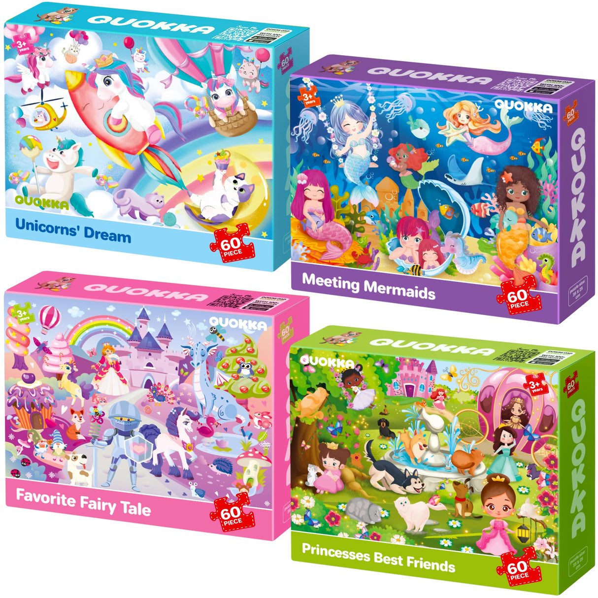 QUOKKA Puzzles for Kids Ages 4-6 - Set of 4x60 Jigsaw Puzzles for Toddlers 3-5 - Unicorn Princess Animals Toys for Children 6-8 yo - Gift Educational Game for Boys & Girls QUOKKA