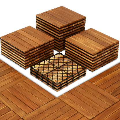 HomeVie 27 PCS Premium Hardwood Interlocking Deck Tiles 12" x 12", Durable and Waterproof All-Weather, Striped Pattern, Golden Teak - WoodArtSupply