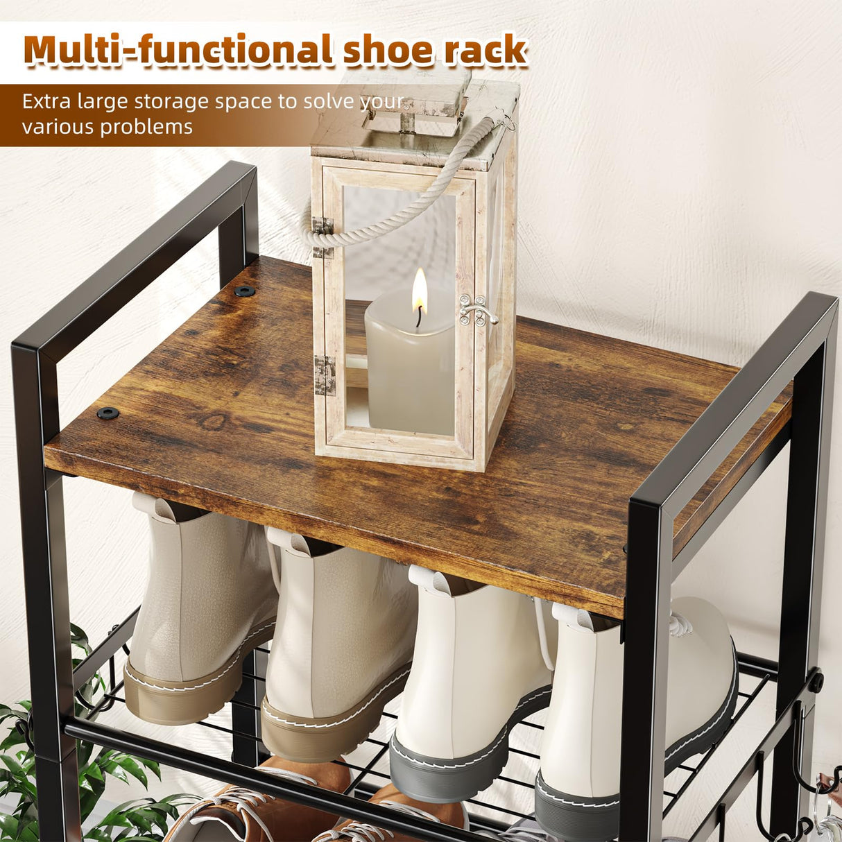 Simple Trending 8 Tiers Shoe Rack 16 Pairs Tall Wooden Plank Shoe Shelf with Hooks for Closet Entryway Organizer Sturdy Free Standing Shoe Storage Cabinet，Black Simple Trending