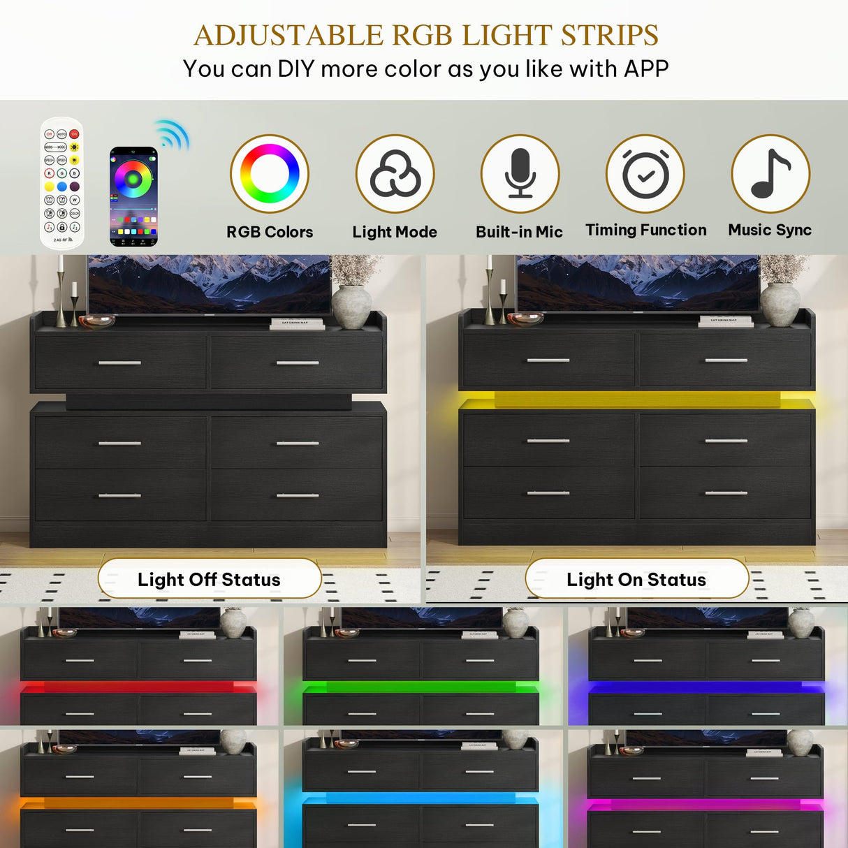 DWVO 6 Drawer Dresser with LED Light, Modern Dresser Chest of Drawers, Wide Drawer Organizer Cabinet with Top Storage Shelf, Black DWVO