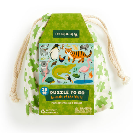 Mudpuppy Animals of The World to Go Puzzle, 36 Pieces – Great for Kids Ages 3+ - Perfect for Travel, Easy Clean-Up, Packaged in Secure, Reusable Fabric Bag Mudpuppy