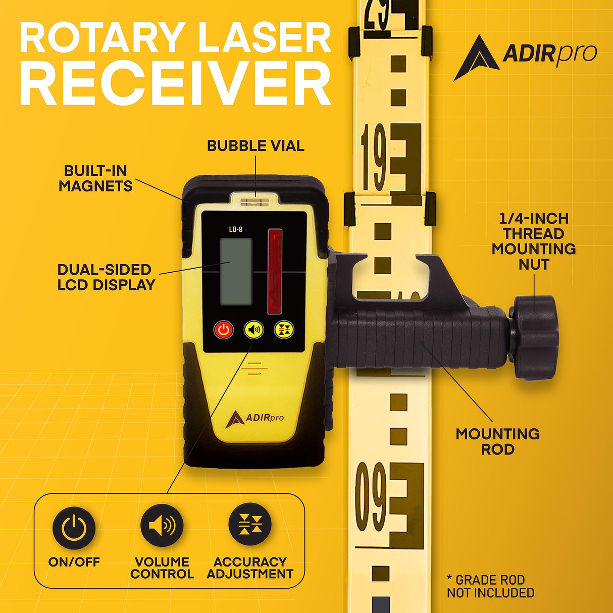 AdirPro Universal Rotary Laser Detector (LD-8) - Digital Rotary Laser Receiver with Dual Display and Built-In Bubble Level, Compatible with All Red Rotary Lasers - Rod Clamp Included AdirPro