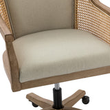 HULALA HOME Rattan Desk Chair, Upholstered Home Office Chair, Vintage Office Chair with Armrest, Adjustable Swivel Rolling Height Task Chair for Living Room Bedroom Study Room, Linen HULALA HOME