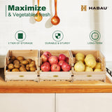 HABAU Wood Potato Onion Storage Bins - Wooden Stackable Produce Basket - Fruit Vegetable Storage for Kitchen Pantry Organization, Set 3 Pieces HABAU